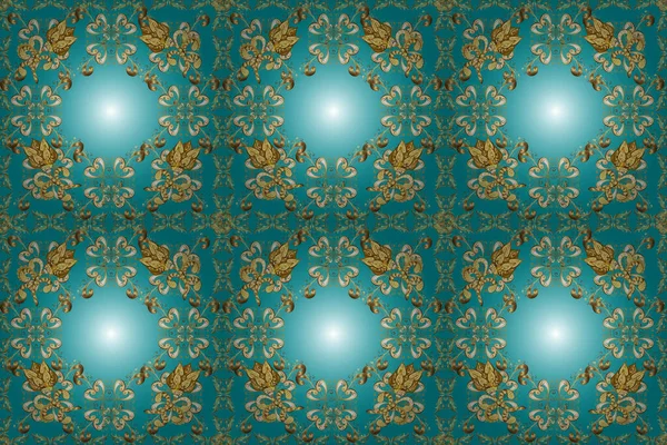 Gold floral ornament in baroque style. Damask seamless repeating background. Golden element on blue, yellow and green colors. Gold Wallpaper on texture background.