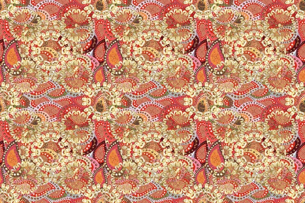 Classic vintage background. Golden pattern on orange, brown and beige colors with golden elements. Traditional orient ornament. Seamless classic golden pattern.