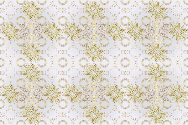 Golden pattern on gray, neutral and beige colors with golden elements. Golden seamless pattern. Flat hand drawn vintage collection. Backdrop, fabric, gold wallpaper.