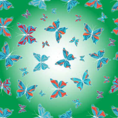 Fashion Fabric Design. Picture on blue, green and neutral colors. Bright seamless pattern with butterflies.