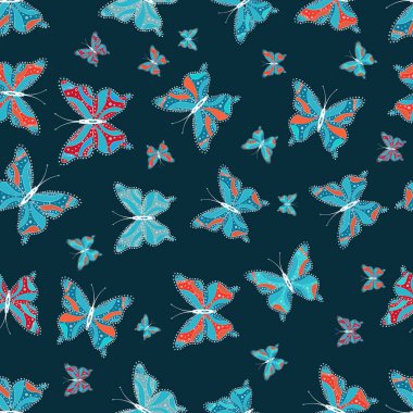 Renkli kelebeklerin kusursuz arka planı. Beyaz, mavi ve turuncu üzerinde sevimli kelebekler. Ambalaj kağıtları ve duvar kağıtları için güzel bir arkaplan, kumaş tasarımı, kağıt..