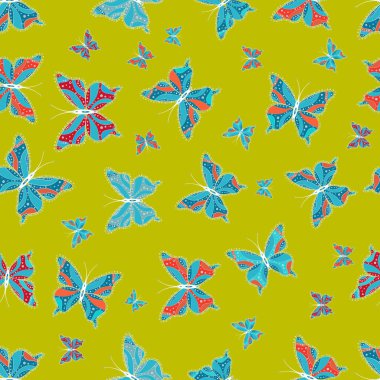 Renkli arka plan bahar ve yaz tasarımı için. Vektör sonsuz doku renkli. Kelebekler ile Seamless modeli. Resimde çizilmiş.