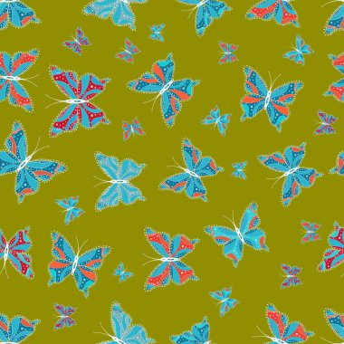 Bir sürü kelebek desenli kusursuz desen. Erkekler, kızlar, kıyafetler, duvar kağıtları için soyut bir model. Beyaz, mavi ve yeşil renkli resimler. Fantezi çizimi. Vektör.