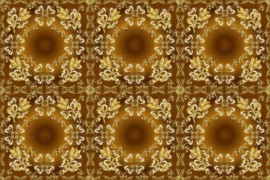 Sarı, kahverengi ve bej renkli çizimler. Sevimli, pürüzsüz bir arka plan. Klasik lüks, eski moda İspanyol süsü, duvar kağıtları, tekstil ve ambalaj için kraliyet Victoria dönemi kusursuz dokusu..