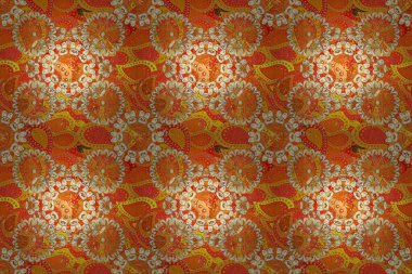 Süslü raster dekorasyonu. Altın desenli turuncu, sarı ve bej renklerde altın elementler. Barok tarzında duvar kağıdı tasarımı için kusursuz damaske deseni arkaplanı.