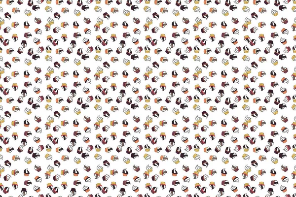 Watercolor seamless pattern with cupcakes. Wrapping paper. Bright birthday pattern on black, brown and white. Raster.