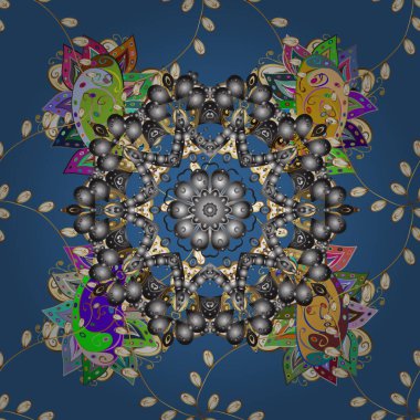 Vektör soyut stilize edilmiş renkli mandala. Mavi, sarı ve gri renkleri olan karmaşık renkli Arabesk.