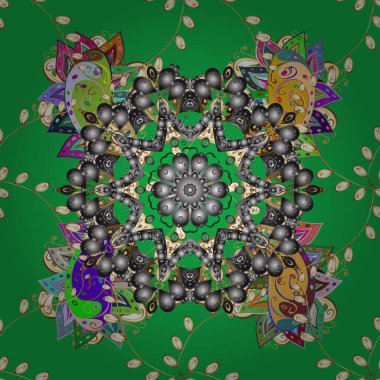 Gri, sarı ve yeşil renklerde klasik barok mandala süsü. Dekoratif tasarım unsuru filigran hat sanatı. Retro desenli antika akanthus. Vektör illüstrasyonu.