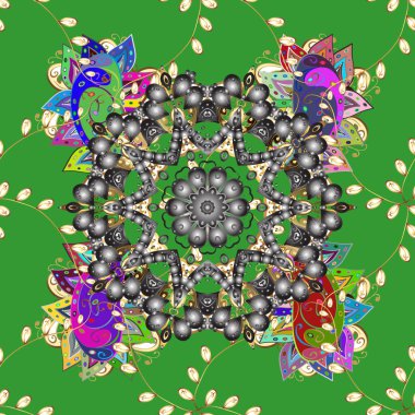 El çizimi vektör renginde, Mandala pürüzsüz desen. Yeşil, kahverengi ve gri renkte etnik bir süs. Arapça, Hintçe, Türkçe kültür dekorasyonu. Selamlama, baskı ve kumaşın büyülü klasik şablonu.