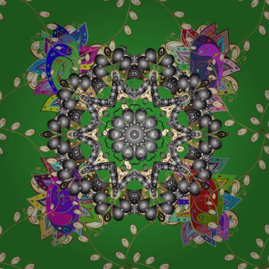 Dekoratif yuvarlak süs. Stres önleyici terapi kalıbı. Yoga logosu, meditasyon posterinin arka planı. Yeşil, gri ve kahverengi renkler üzerine vektör çizgisi Mandala. Çiçek şekilli oryantal hat. Tasarım ögesi.