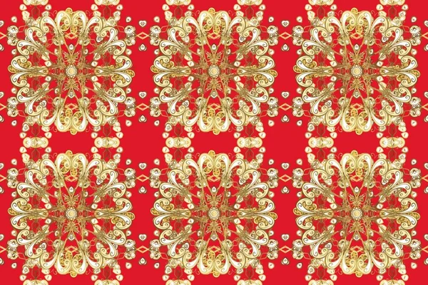 Christmas golden snowflake seamless pattern. Golden snowflakes on beige, red and brown colors. Winter snow texture wallpaper. Symbol holiday, New Year celebration raster golden pattern.
