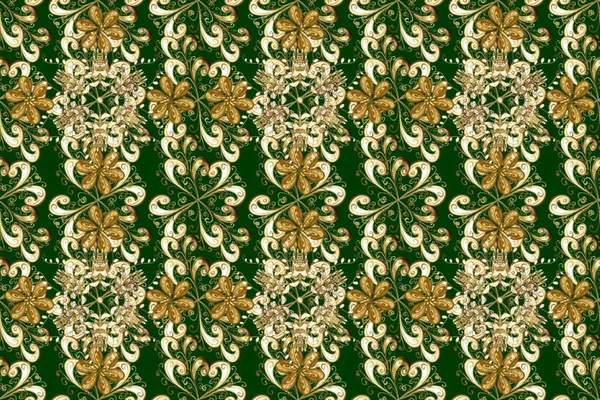 Seamless medieval floral royal pattern. Decorative symmetry arabesque. Gold on green, beige and blue colors. Good for greeting card for birthday, invitation or banner. Raster illustration.
