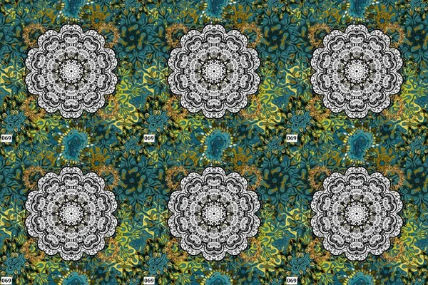 Tribal art boho print, vintage flower background. Abstract ethnic raster seamless pattern. Background texture, wallpaper, floral theme in gray, blue and green colors.