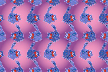 Nakışlı ev dekorasyonu, tekstil, moda, kumaş desenleri. Kusursuz desenli nakışlı kediler. Zentangle tarzı. Görüntü pembe, mavi ve mor renklerde. Renkli geleneksel halk dekorasyonu.