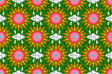 Raster illüstrasyonu. Tarafsız, yeşil ve turuncu renklerde çiçekler. Asya tekstil tarzında. Düz Çiçek Elementleri Tasarımı. Kusursuz çiçek deseni. Renkli Bahar Teması Kusursuz Arkaplan.