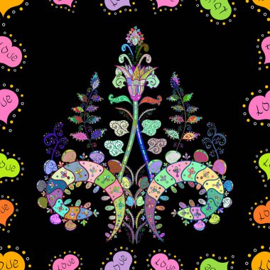 Siyah, mavi ve yeşil renkli çiçekler. Yumuşak, bahar çiçekli arka plan. Çiçek desenli karalama şekli.