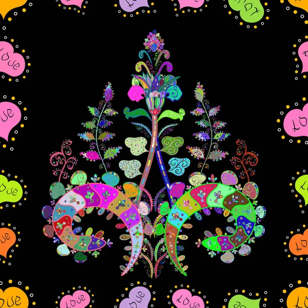 Різнокольорові Чорно Рожеві Елегантні Маленькі Квіти Кумедні Жучки Зеленому Чорно — стокове фото