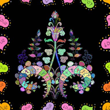 Vektör illüstrasyonunda kusursuz çiçek deseni. Çiçekler siyah, mavi ve yeşil renklerde.