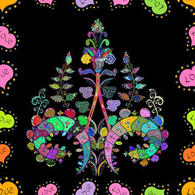 Çiçeksiz desenli arka plan, yaz çiçekleri. Siyah, yeşil ve pembe renkli çiçekler. Düz Çiçek Elementleri Tasarımı. Renkli Bahar Teması Kusursuz Arkaplan.