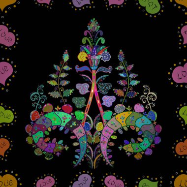 Düz Çiçek Elementleri Tasarımı. Şirin çiçek vektör deseni. Kusursuz Renksiz Bahar Temalı Kusursuz Arkaplan. Siyah, pembe ve yeşil renkte çiçekler.