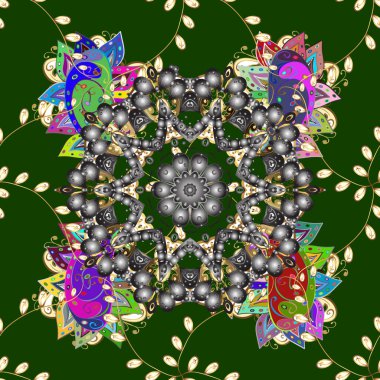 Yeşil, gri ve kahverengi renkli renkli yuvarlak süs deseni. Mandala.