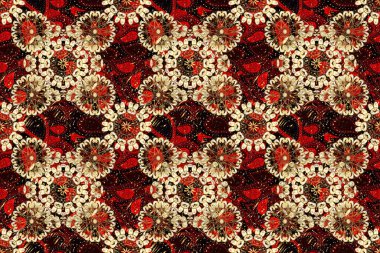 Giysi tasarımı için kırmızı, kahverengi ve siyah arkaplan üzerine dekorasyon. Güzel geçmiş. Kusursuz geometrik desen. Hoş bir doku. Soyut geometrik desen.