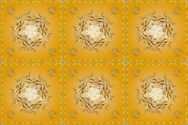 Hassas altın deseni açın. Sarı, bej ve kahverengi altın elementlerde pürüzsüz desen. Doğu tarzı arabesk. Parlak dantel, stilize çiçekler, şal desenli. Kusursuz altın dokular bukleler.