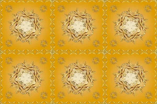 Openwork delicate golden pattern. Seamless pattern on yellow, beige and brown color golden element. Oriental style arabesques. Brilliant lace, stylized flowers, paisley. Seamless golden texture curls.