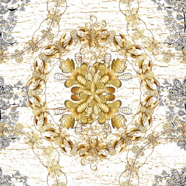 Klasik tarzda hem de. Kahverengi, bej ve beyaz yapraklı arka plan, güzel yapraklar, çiçekler, girdaplar, karmaşık güzel süsler. Yeşillik, hoş, dikişsiz desen.