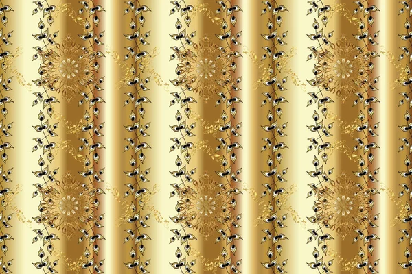 Seamless classic golden pattern. Golden pattern on beige, brown and yellow colors with golden elements. Traditional orient ornament.