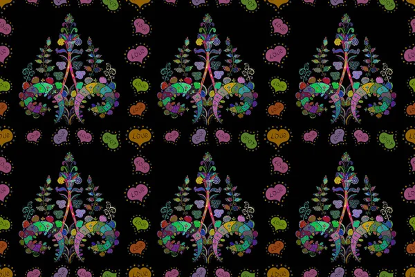 Flat Flower Elements Design. Cute flower or pattern. Seamless Colour Spring Theme seamless pattern Background. Flowers on black, pink and green colors.