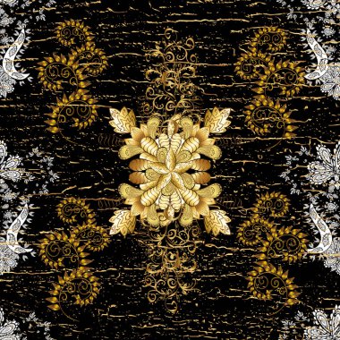 Çiçek, çiçek desenli desenli desenli desenli desenler, çiçekler, yapraklar. Oriental geleneksel el boyası, tasarım için kusursuz sınır. Soyut arkaplan. Siyah, sarı ve kahverengi renkli illüstrasyon.