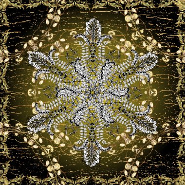 İslami süslemeli soyut arkaplan, Arap geometrik dokusu. Renkli arkaplan üzerine döşenmiş motif, kıvırcık saç stili. Siyah, kahverengi ve gri renkli resimler. Kusursuz desen.