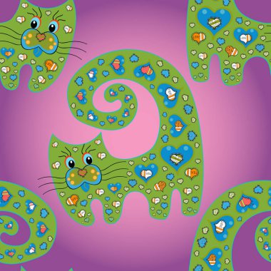 Seamless pattern of doodles cats on purple, green and pink colors. Simple feminine pattern for print, card, invitation. Wallpaper and fabric design and decor. Animal silhouette.