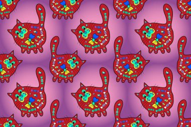 Tracery on purple, pink and red colours. Seamless pattern cats. Endless. Sketch, doodle, scribble. Cats in various poses. Nice pattern for textile, packaging, Wallpapers, scrapbooking.