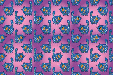 Funny character. Stylish kitten. Design blue, pink, purple colors. Trendy illustration in sketch style t-shirt print, cards. Kids animals series. Seamless pattern with cute fashion cats. Doodle Kitty.