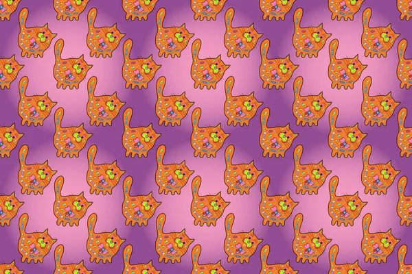 Seamless Pretty Cat Design Pink Purple Orange Versicolours Background Fabric — Foto de Stock