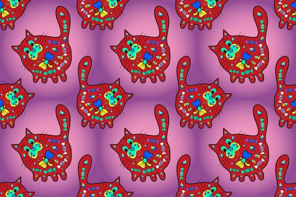 Tracery Purple Pink Red Colours Seamless Pattern Cats Endless Sketch — Stockfoto