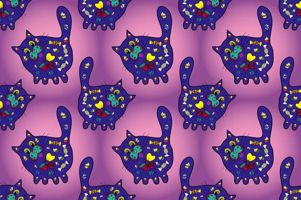 Seamless Pattern Decorative Hand Drawn Doodle Ornate Cats Drawing Abstract — Stok fotoğraf