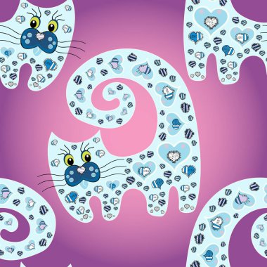 Vector sketch. Illustration in neutral, pink and purple colors. Background for Fabric, Textile, Print and Invitation. Suitable for fabric, paper, packaging. Seamless pattern with hand drawn cute cats.