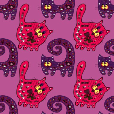 Tracing on pink, purple and magenta colors. Fantasy cute illustration. Cat looking something and sitting on color. Scribble, sketch, doodle. Vector illustration. Seamless pattern.