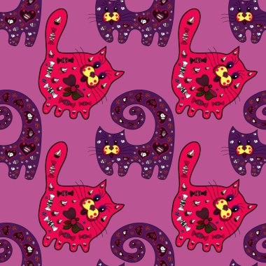 Cartoon funny cats collection. Art pattern for kids print, fabric, card. Doodle outline kitten. Depiction on magenta, purple and pink colors. Seamless pattern cat doodle set. Cute sketch animal.