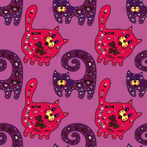 Cartoon funny cats collection. Art pattern for kids print, fabric, card. Doodle outline kitten. Depiction on magenta, purple and pink colors. Seamless pattern cat doodle set. Cute sketch animal.
