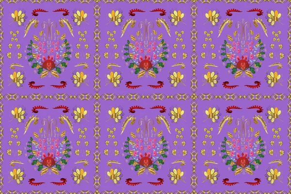 Urban pattern for textile and fabric. Illustration in yellow, brown and violet colors. Seamless pattern in oriental style. In cute curls style. Ornate floral ornament.