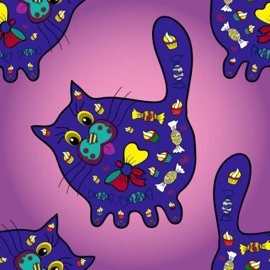 Seamless pattern decorative hand drawn doodle ornate cats drawing with abstract ornaments. Design on pink, purple and violet colours. Cute pattern for scrapbooking, textile, packaging, wallpapers.