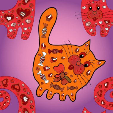 Bright background with different elements for the design of posters, banners. Doodle texture. Seamless pattern with hand drawn cats. Image at orange, pink and red colors.