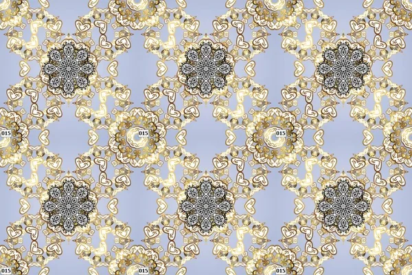 Golden snowflake simple seamless pattern. Abstract wallpaper, wrapping decoration. Symbol of winter, Merry Christmas holiday, Happy New Year 2019. Raster golden pattern on colors.