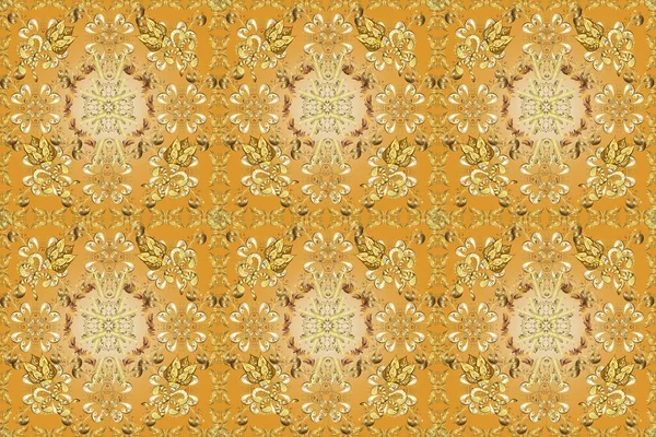 Golden pattern on brown, yellow and beige colors with golden elements. Backdrop, fabric, gold wallpaper. Golden seamless pattern. Flat hand drawn vintage collection.