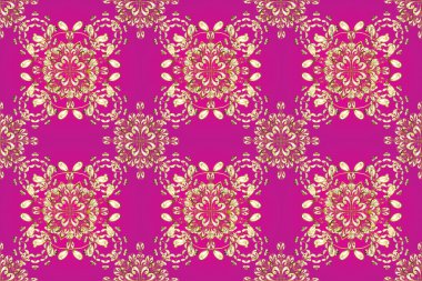Golden pattern on magenta, white and beige colors with golden elements. Raster golden seamless pattern. Flat hand drawn vintage collection. Backdrop, fabric, gold wallpaper.