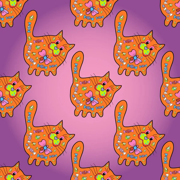 Seamless Pretty Cat Design Pink Purple Orange Versicolours Background Fabric — 스톡 사진